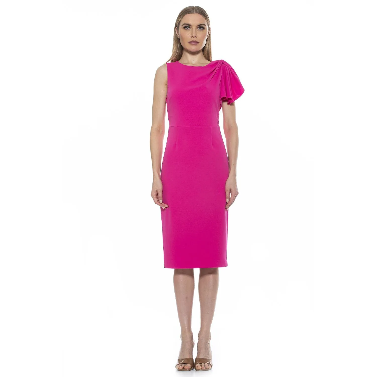 ALEXIA ADMOR Women's Draped Crew Midi Sheath Dress ALEXIA ADMOR hot pink