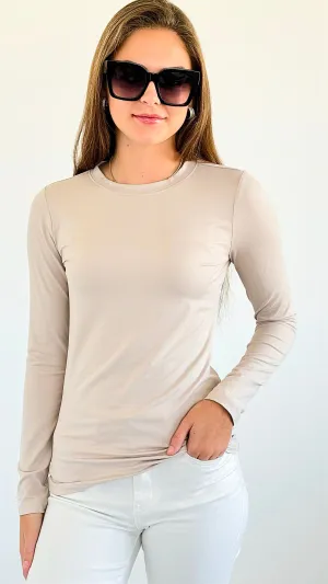 Annistion Brushed Microfiber Long Sleeve Neck Tee - Sand Beige