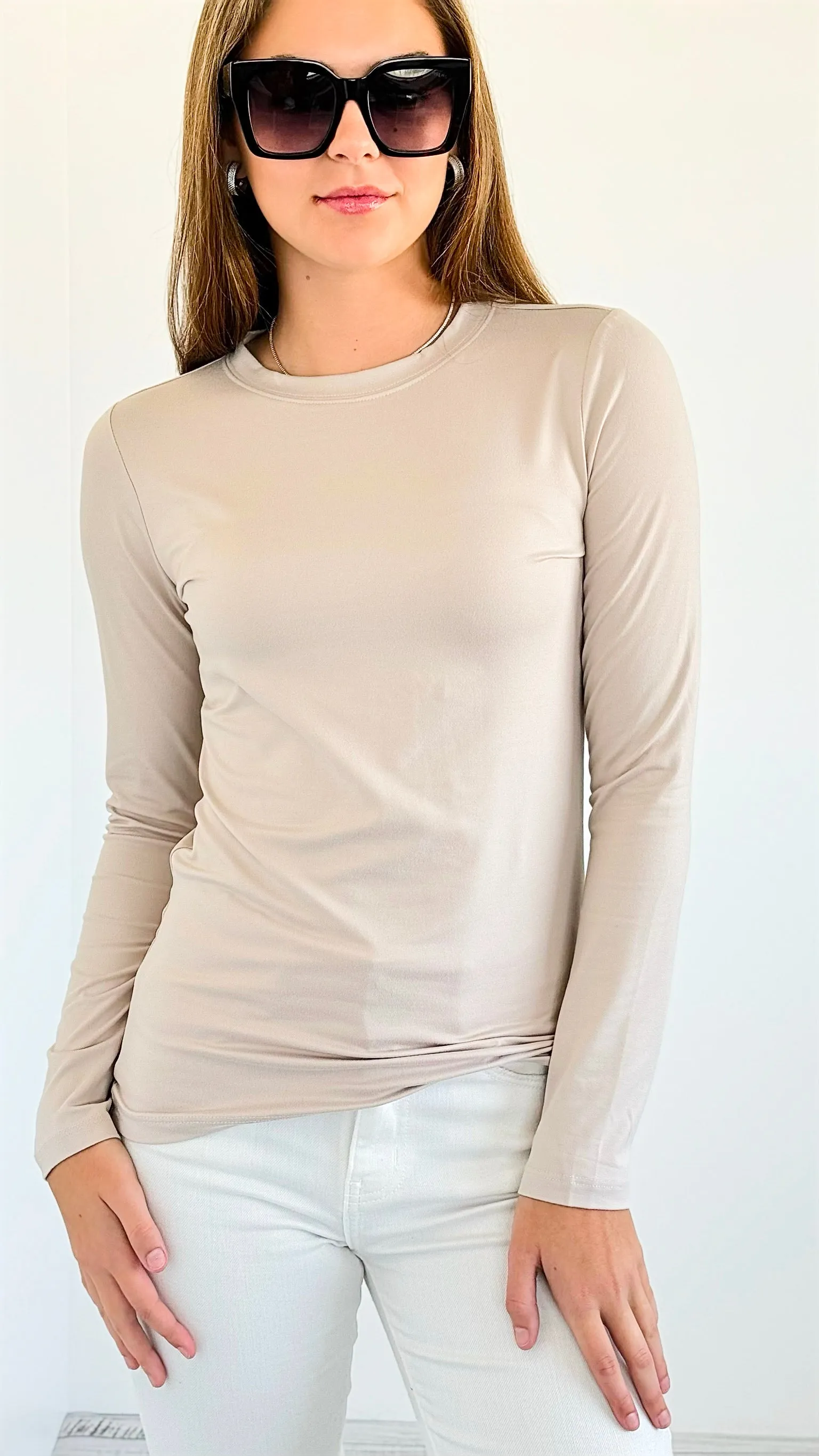 Annistion Brushed Microfiber Long Sleeve Neck Tee - Sand Beige