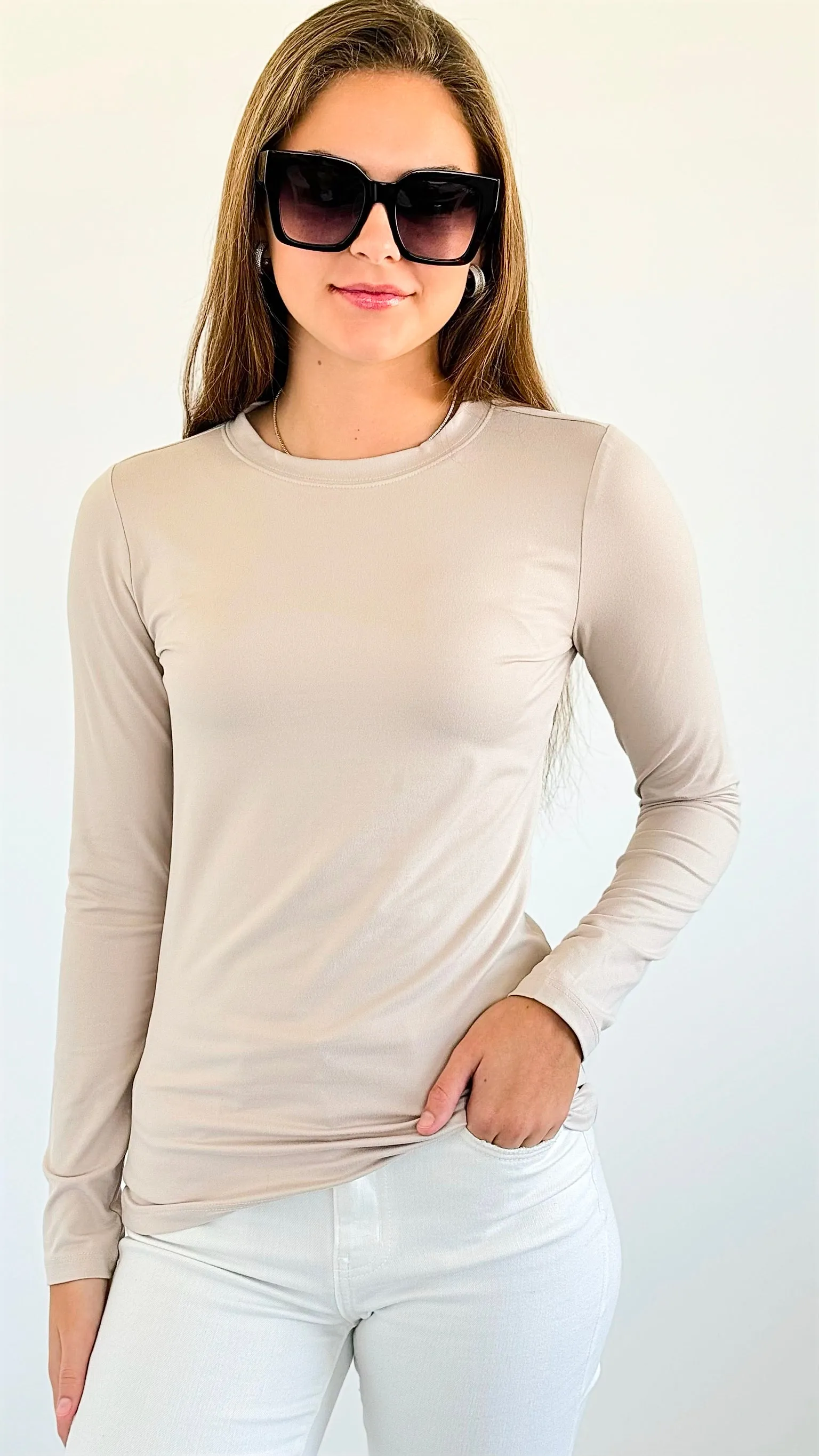 Annistion Brushed Microfiber Long Sleeve Neck Tee - Sand Beige