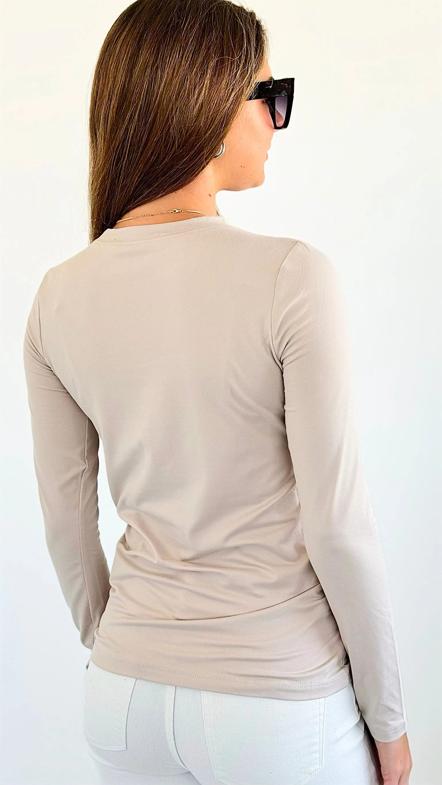 Annistion Brushed Microfiber Long Sleeve Neck Tee - Sand Beige