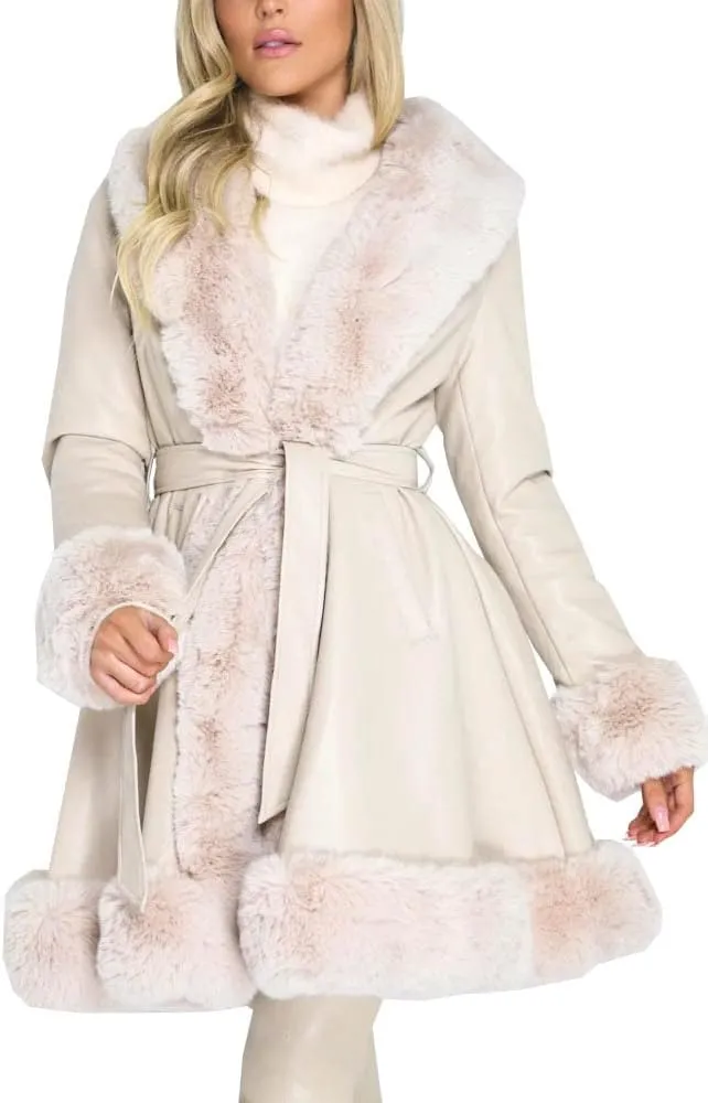 Aurgelmir Women's Faux Leather Jacket Coat Short/Long Parka Coat with Fur Collar Outwear