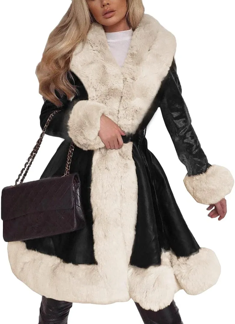 Aurgelmir Women's Faux Leather Jacket Coat Short/Long Parka Coat with Fur Collar Outwear