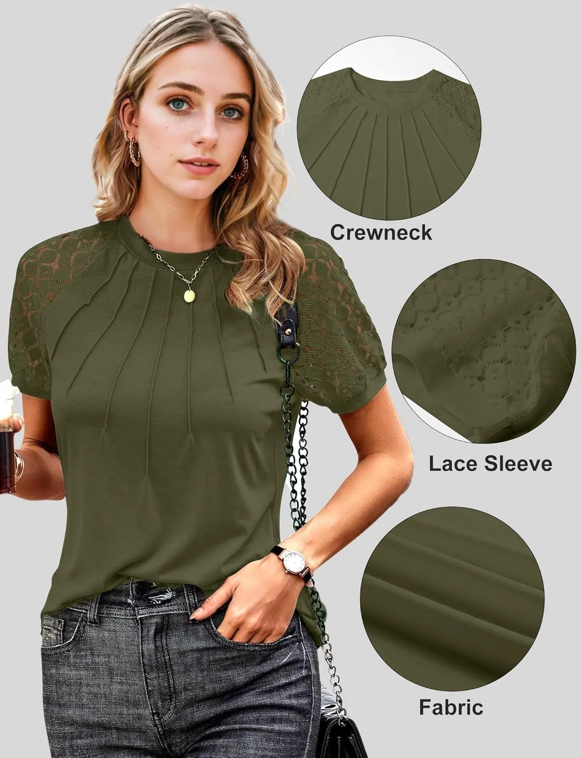 AURUZA Work Shirts for Women Business Casual Blouses Pleated Lace Short Sleeve Tops Dressy Casual Outfits Summer Tshirts