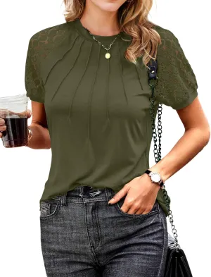 AURUZA Work Shirts for Women Business Casual Blouses Pleated Lace Short Sleeve Tops Dressy Casual Outfits Summer Tshirts