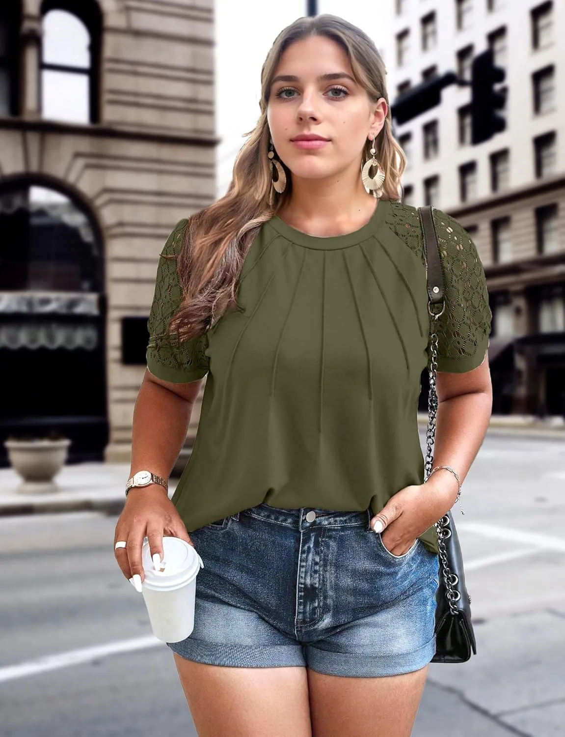 AURUZA Work Shirts for Women Business Casual Blouses Pleated Lace Short Sleeve Tops Dressy Casual Outfits Summer Tshirts