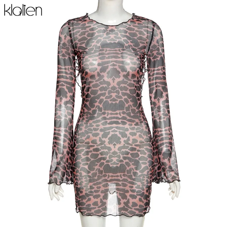 Autumn Fashion Sexy Hollow Out Backless Leopard Print Casual Street Party Vacation Beach Bodycon Dress