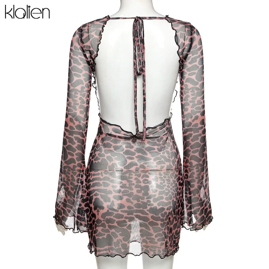 Autumn Fashion Sexy Hollow Out Backless Leopard Print Casual Street Party Vacation Beach Bodycon Dress