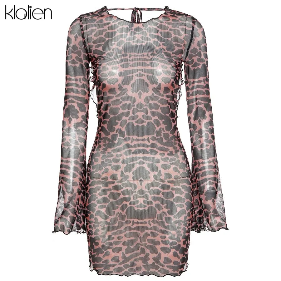Autumn Fashion Sexy Hollow Out Backless Leopard Print Casual Street Party Vacation Beach Bodycon Dress