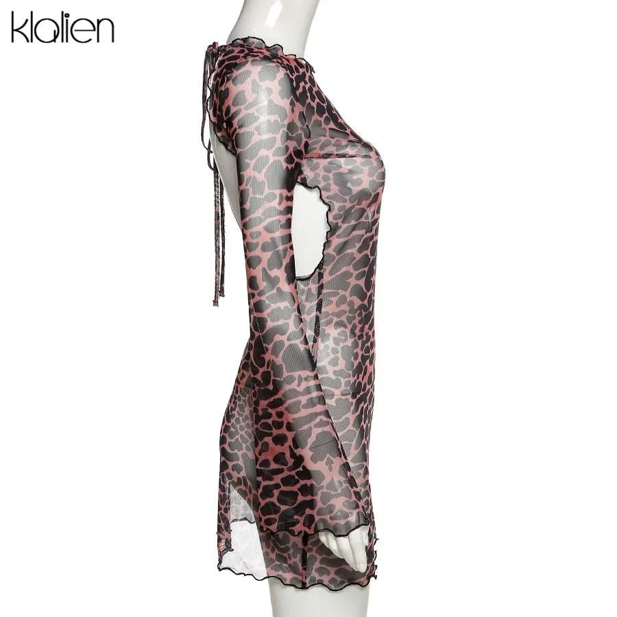 Autumn Fashion Sexy Hollow Out Backless Leopard Print Casual Street Party Vacation Beach Bodycon Dress