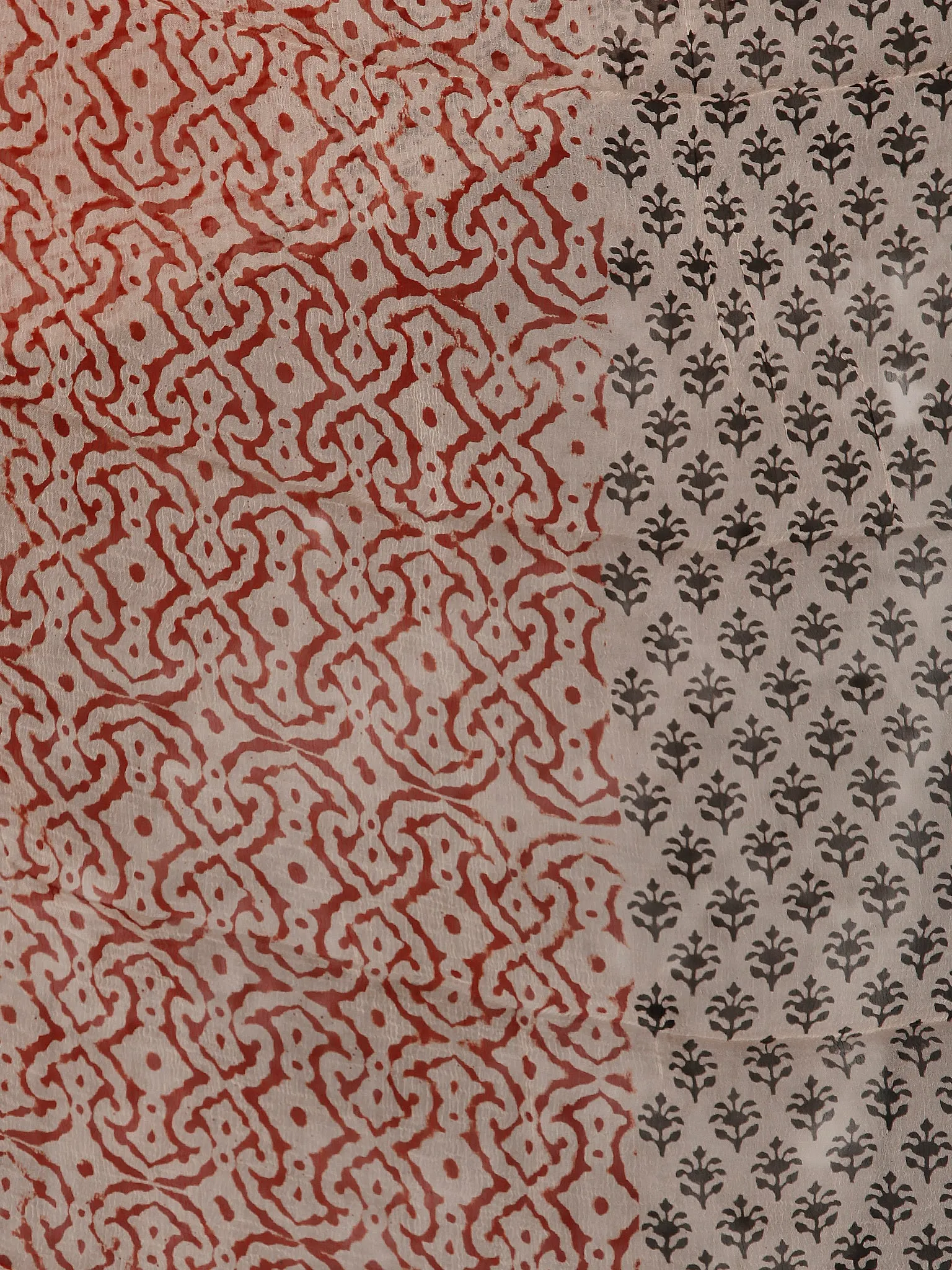 Beige Black Red Hand Block Printed Cotton Suit-Salwar Fabric With Chiffon Dupatta (Set of 3) - SU01HB374