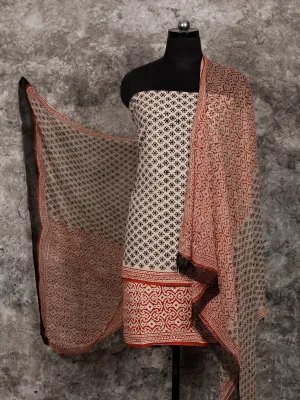 Beige Black Red Hand Block Printed Cotton Suit-Salwar Fabric With Chiffon Dupatta (Set of 3) - SU01HB374