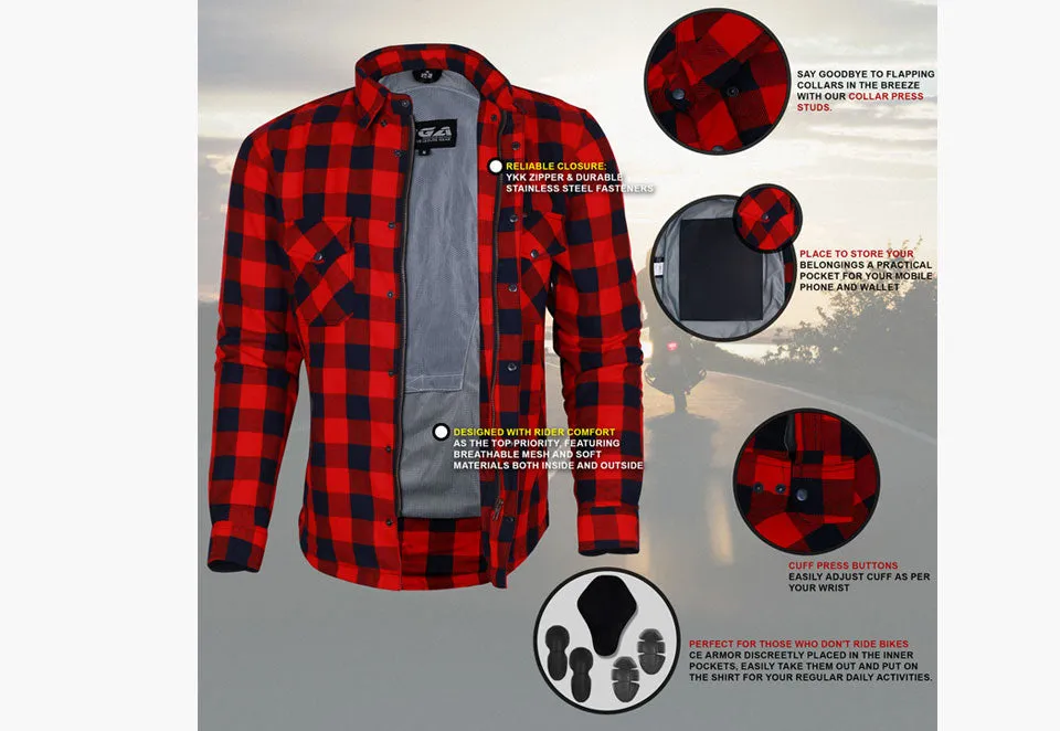 BGA Exo Protective Motorcycle Flannel Shirts Red/Black