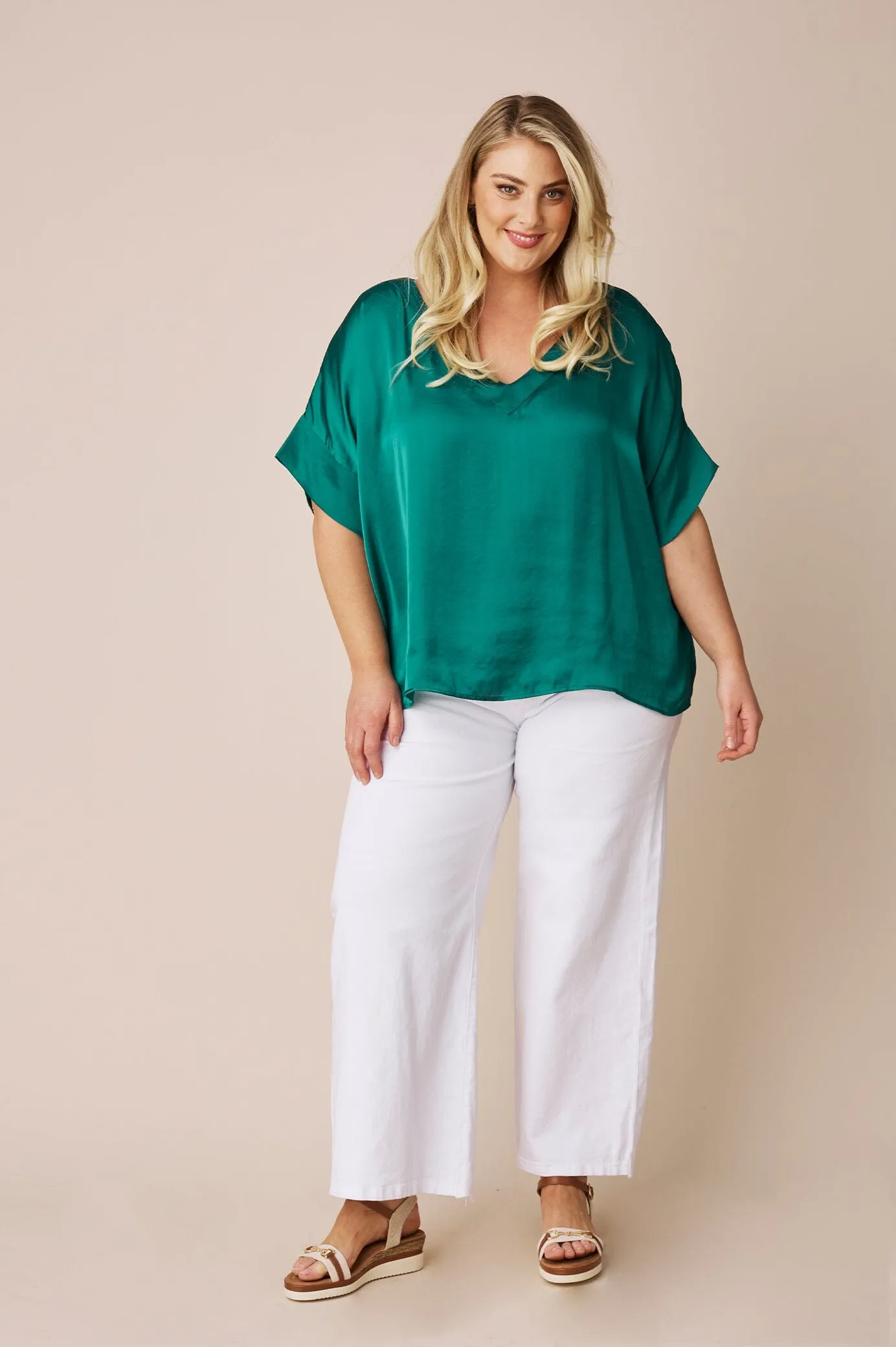 Bianca Short Sleeve Top Emerald with V Neck
