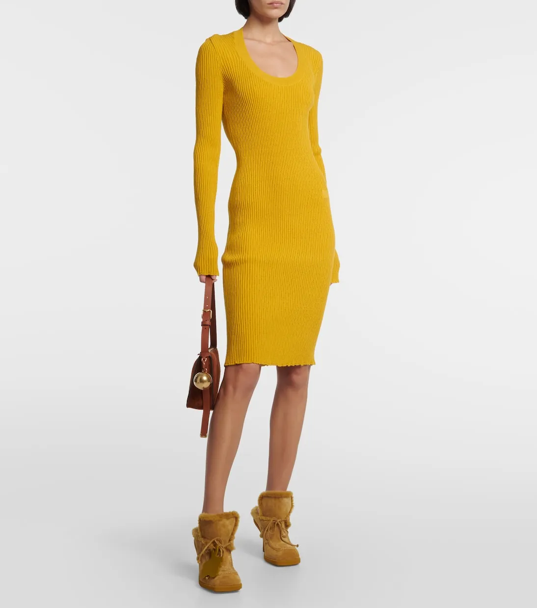 Burberry Wool Blend Ribbed Knit Midi Dress, Gold