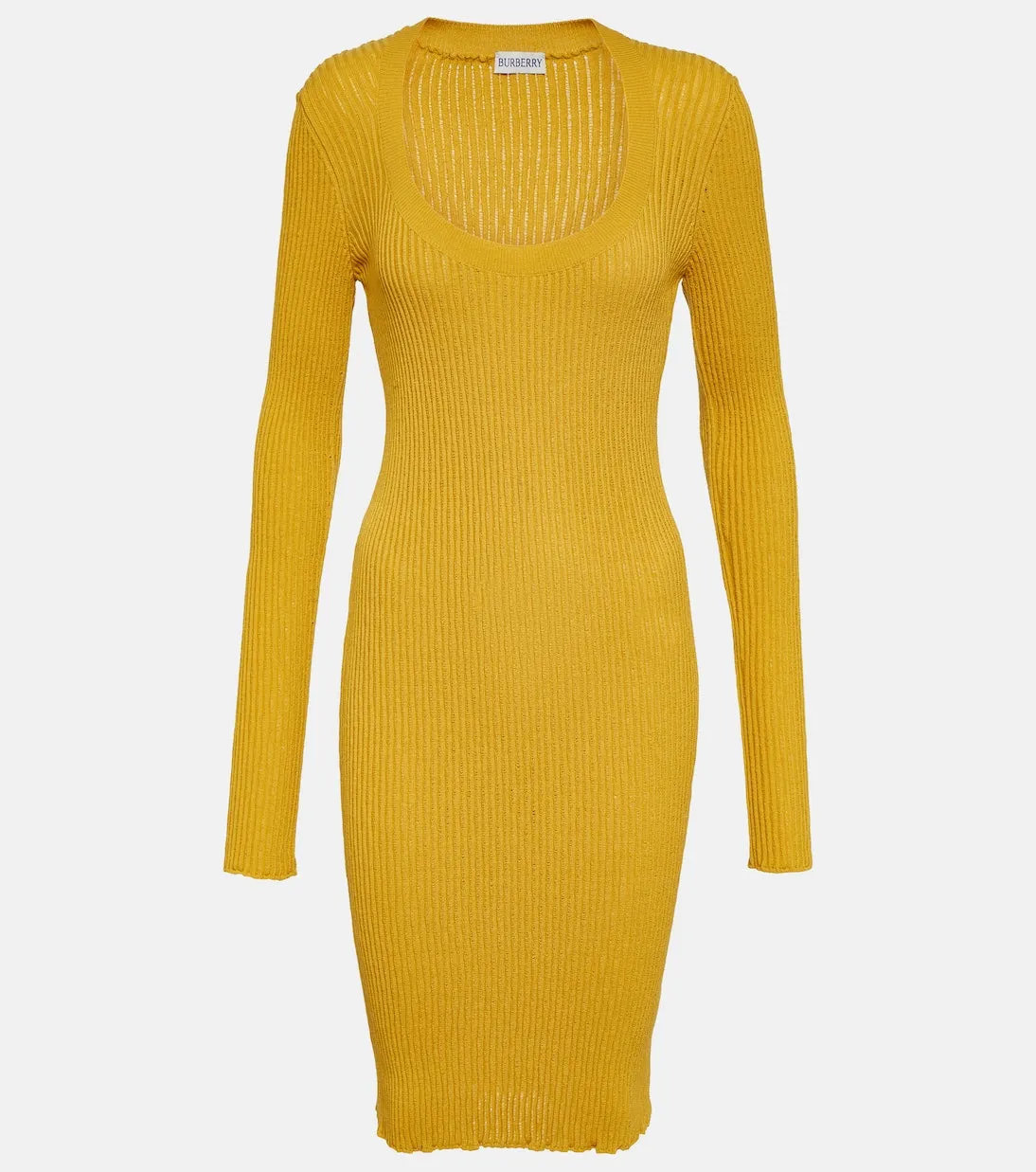 Burberry Wool Blend Ribbed Knit Midi Dress, Gold