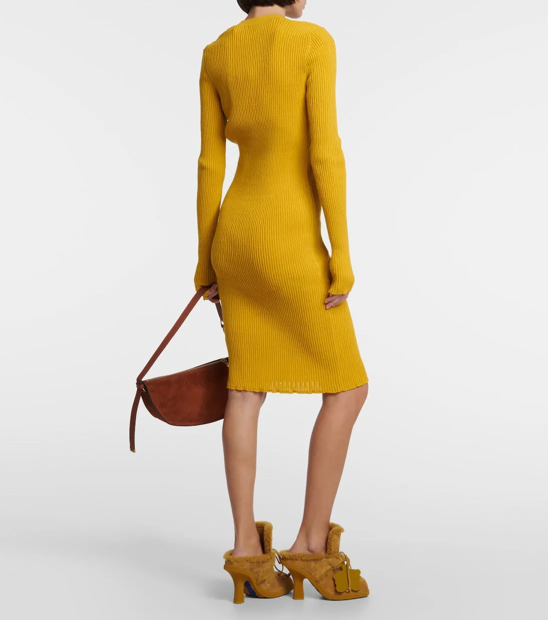 Burberry Wool Blend Ribbed Knit Midi Dress, Gold