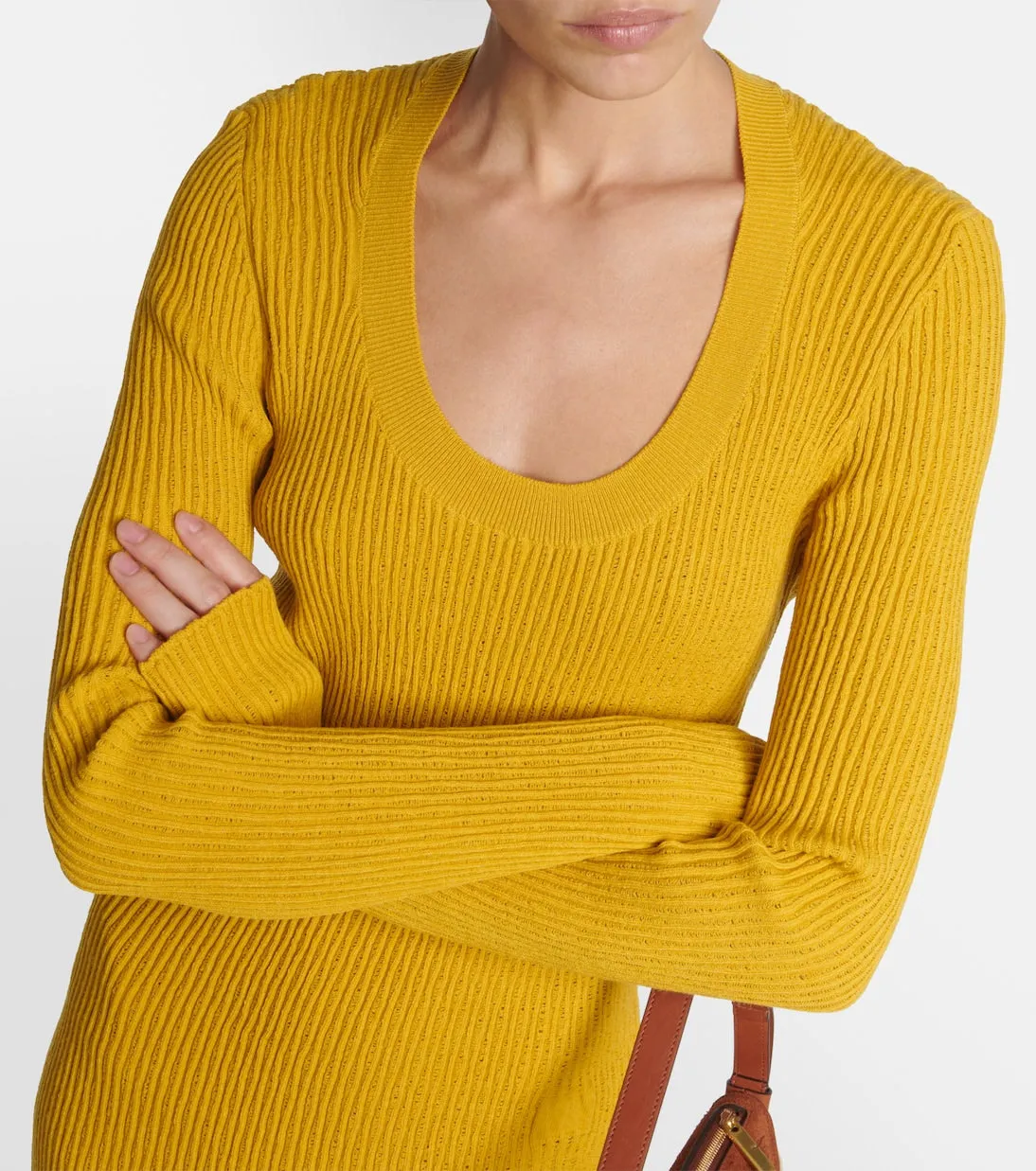 Burberry Wool Blend Ribbed Knit Midi Dress, Gold