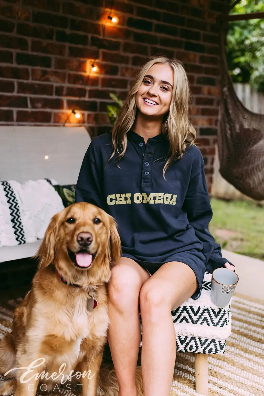 Chi Omega Navy Long Sleeve Henley