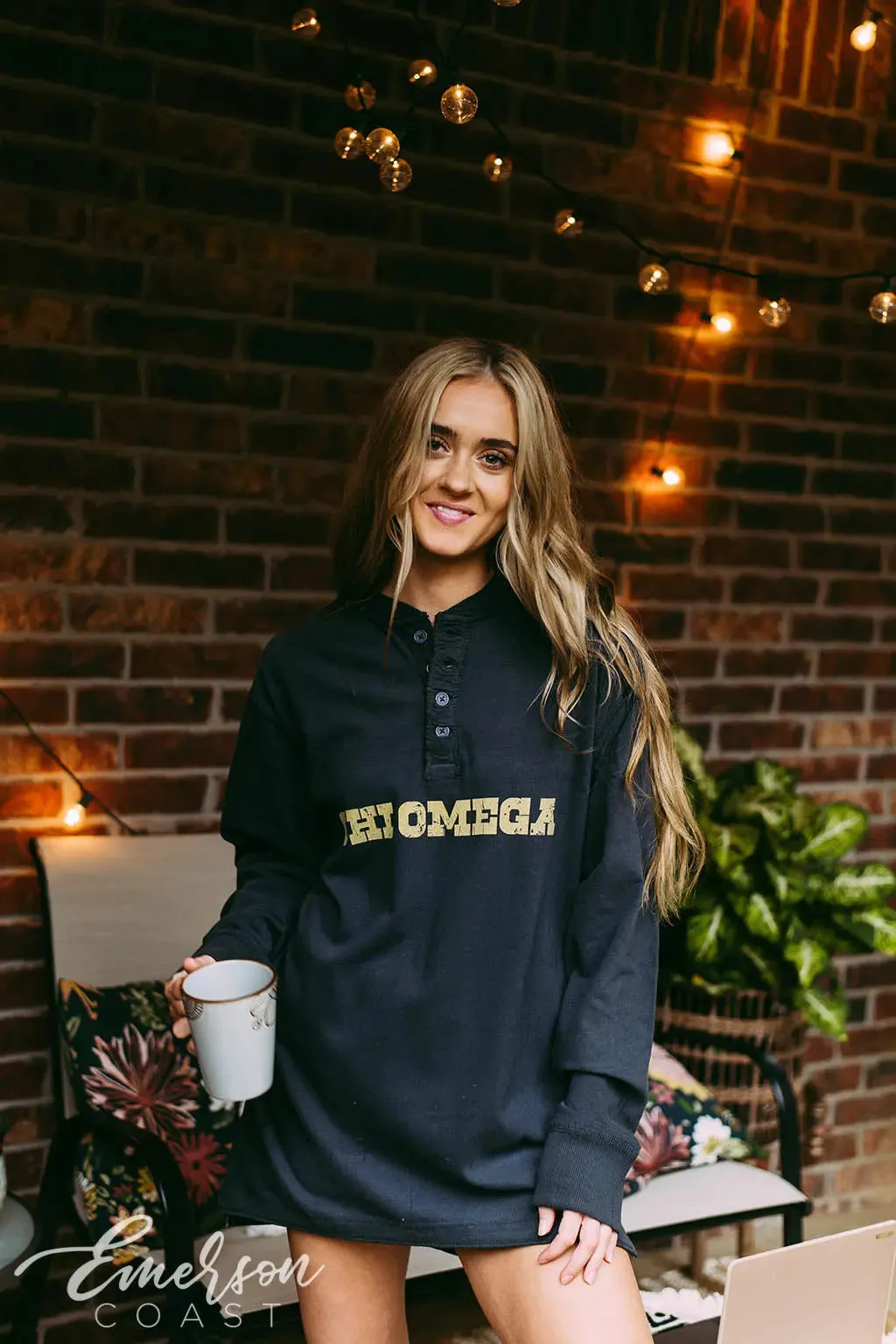 Chi Omega Navy Long Sleeve Henley