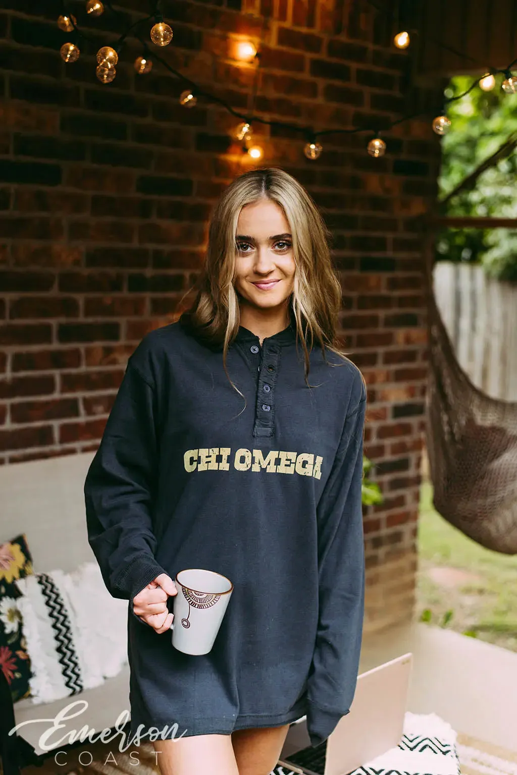 Chi Omega Navy Long Sleeve Henley