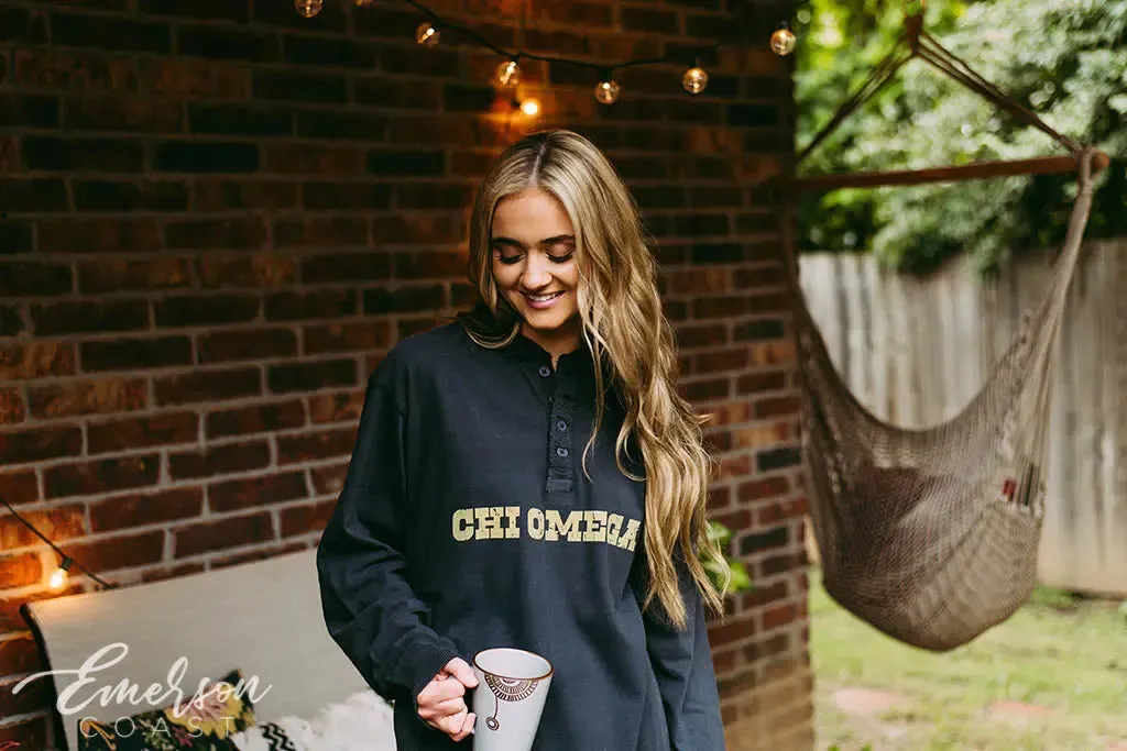 Chi Omega Navy Long Sleeve Henley