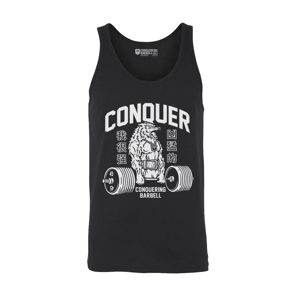 Conquer - Deadlifting Wolf - on Black tank top