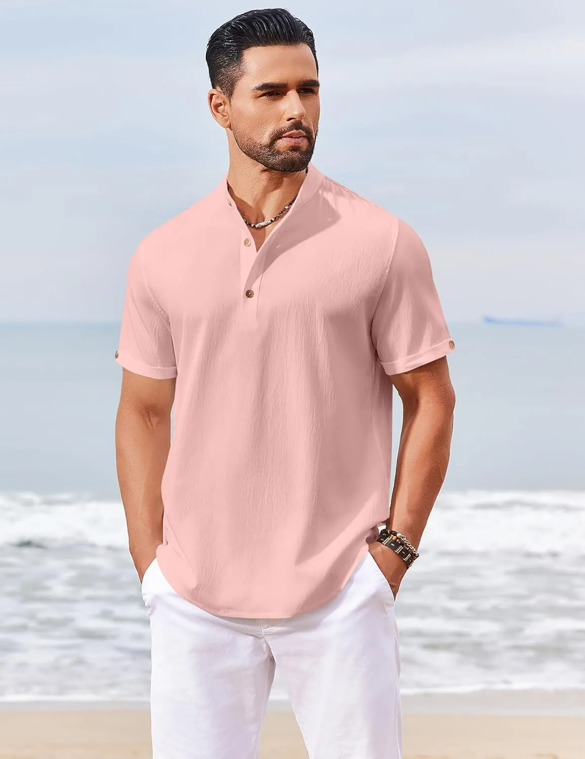 COOFANDY Men's Casual Henley Shirts Short Sleeve Summer Beach T-Shirts Banded Collar Henleys Button Tee Shirt