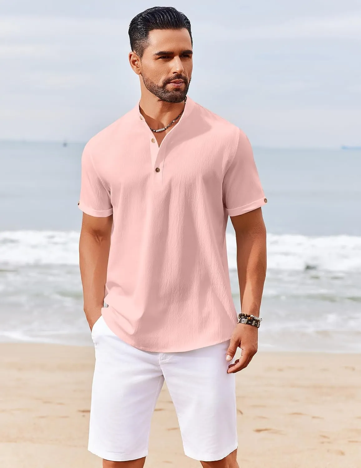 COOFANDY Men's Casual Henley Shirts Short Sleeve Summer Beach T-Shirts Banded Collar Henleys Button Tee Shirt