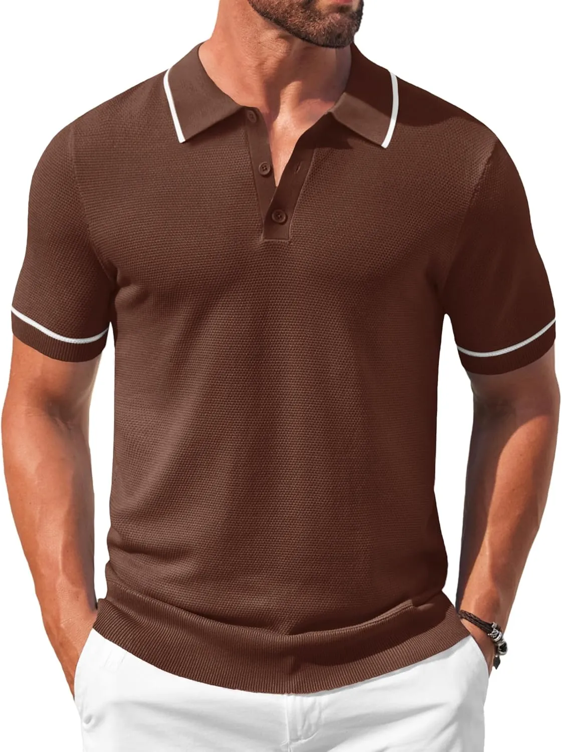 COOFANDY Men's Knit Polo Shirts Casual Short Sleeve Button Down Shirts Crochet Classic Golf Polo Collared Shirts