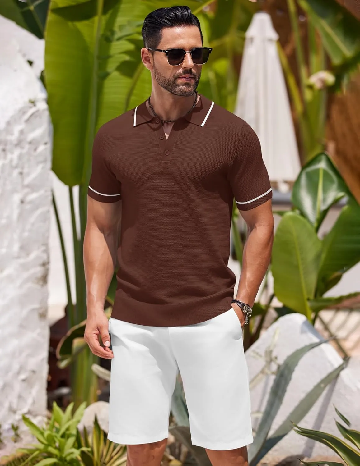 COOFANDY Men's Knit Polo Shirts Casual Short Sleeve Button Down Shirts Crochet Classic Golf Polo Collared Shirts