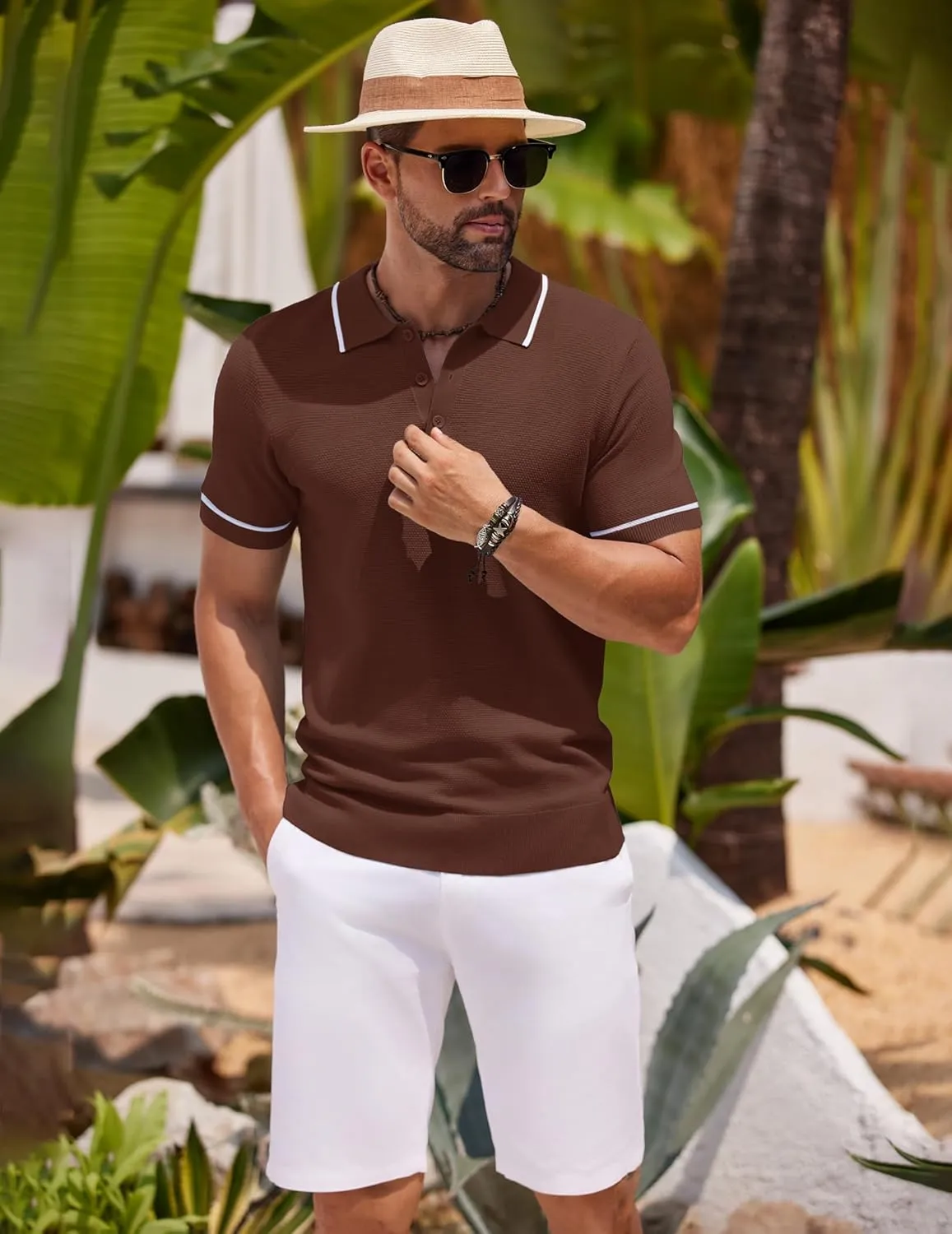 COOFANDY Men's Knit Polo Shirts Casual Short Sleeve Button Down Shirts Crochet Classic Golf Polo Collared Shirts