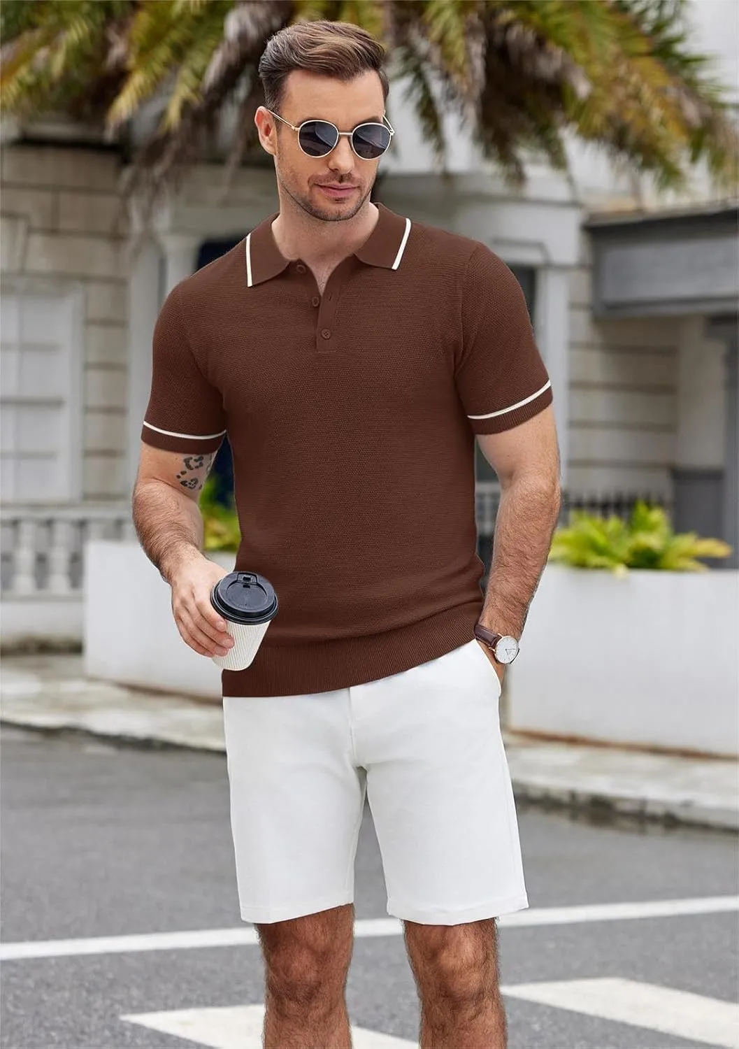 COOFANDY Men's Knit Polo Shirts Casual Short Sleeve Button Down Shirts Crochet Classic Golf Polo Collared Shirts