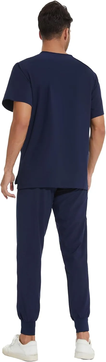 COZYFIT Men Scrubs Set  Stretch V-Neck Scrub Top & Jogger Pant with 8 Pockets, Yoga Waistband, Anti-Wrinkle Scrubs for Men