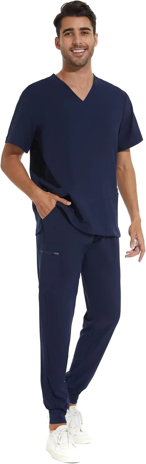 COZYFIT Men Scrubs Set  Stretch V-Neck Scrub Top & Jogger Pant with 8 Pockets, Yoga Waistband, Anti-Wrinkle Scrubs for Men