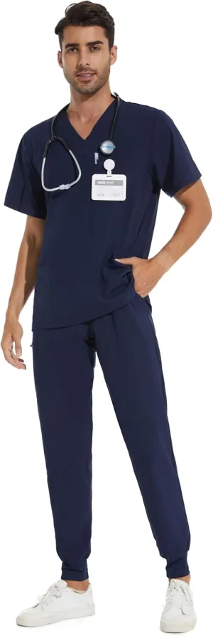 COZYFIT Men Scrubs Set  Stretch V-Neck Scrub Top & Jogger Pant with 8 Pockets, Yoga Waistband, Anti-Wrinkle Scrubs for Men