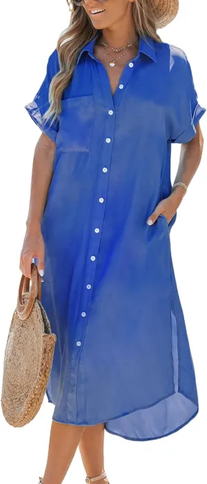 CUPSHE Dress for Women Bell Sleeve Button Down Dress Short Sleeve V Neck Casual Shirt Cover up Dress