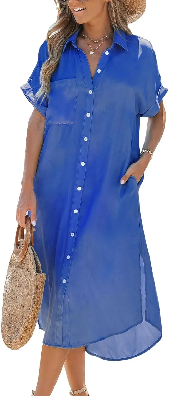 CUPSHE Dress for Women Bell Sleeve Button Down Dress Short Sleeve V Neck Casual Shirt Cover up Dress