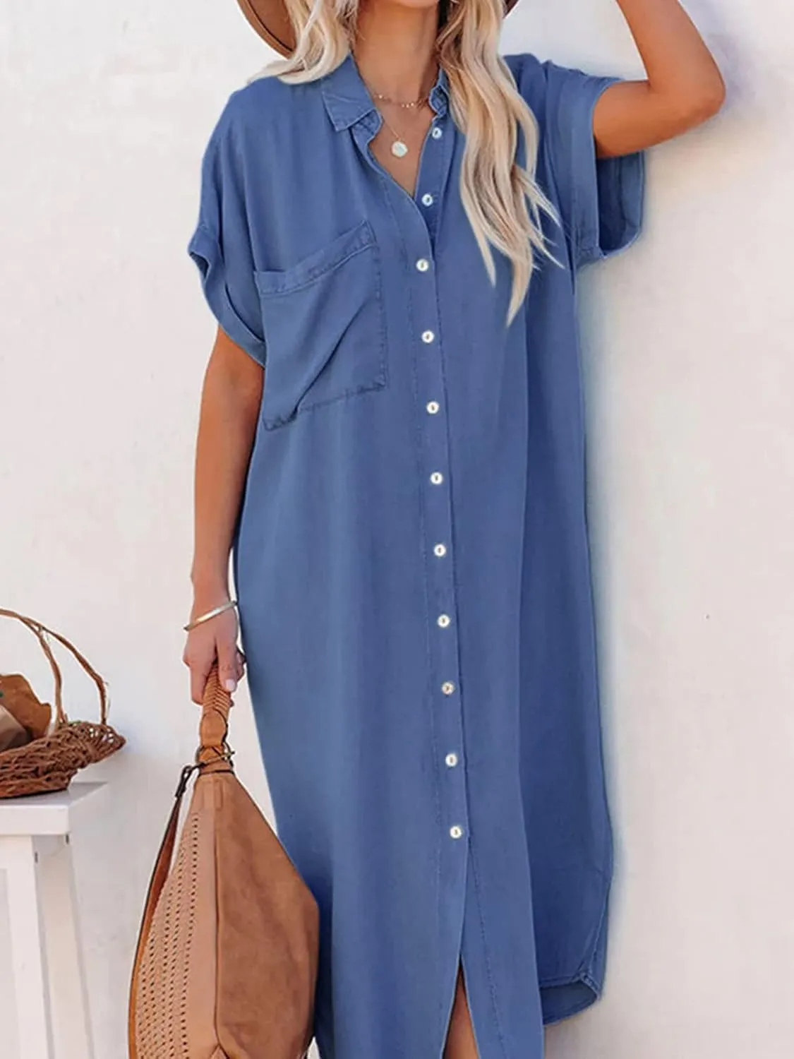CUPSHE Dress for Women Bell Sleeve Button Down Dress Short Sleeve V Neck Casual Shirt Cover up Dress