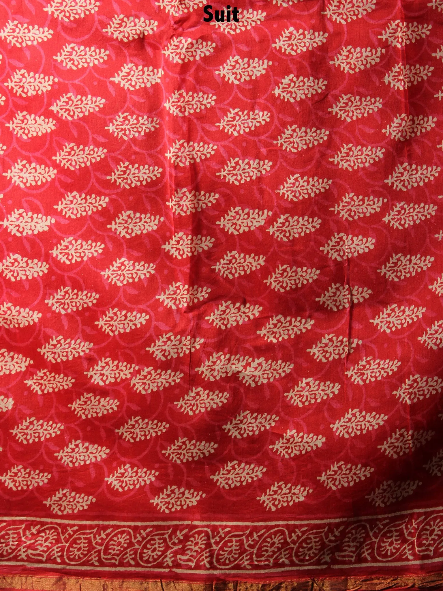 Deep Red Beige Hand Block Printed Chanderi Kurta-Salwar Fabric With Chanderi Dupatta - S1628084