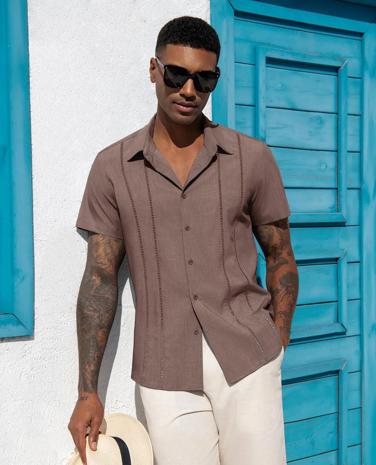 DEMEANOR Guayabera Linen Shirts for Men Short Sleeve Button Down Shirts Summer Beach Linen Shirts Casual Hawaii Vacation