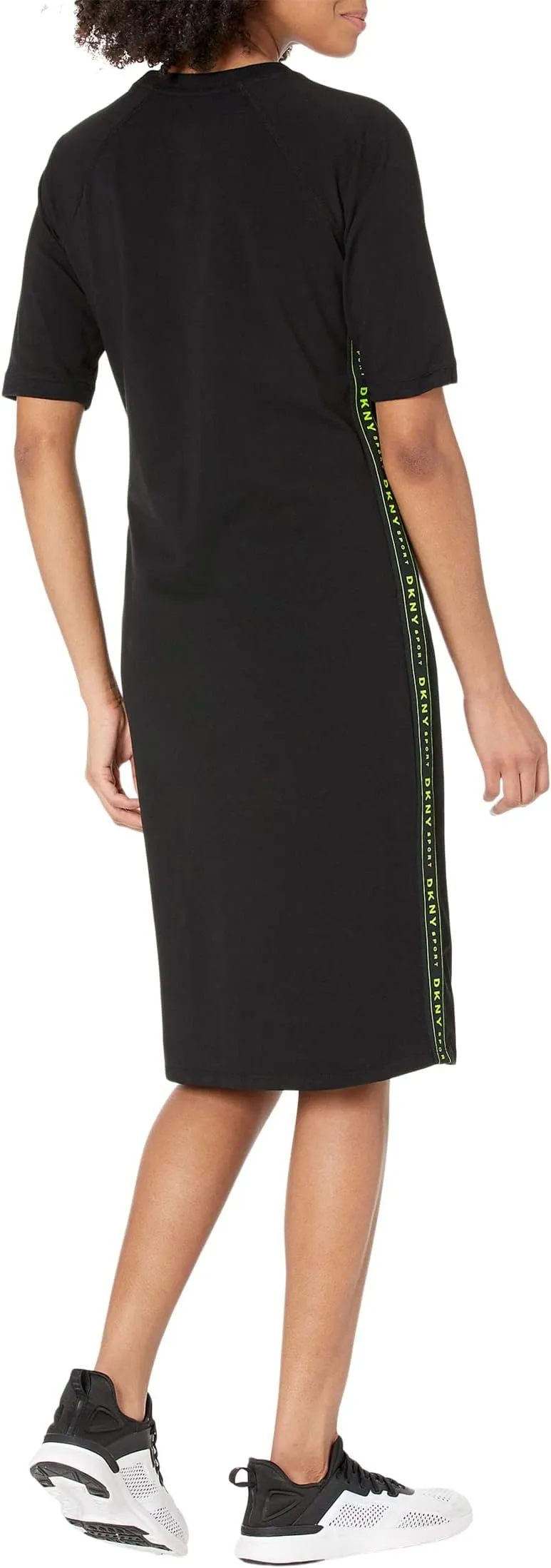 DKNY Logo Tape Short Sleeve Bodycon Dress in Zest