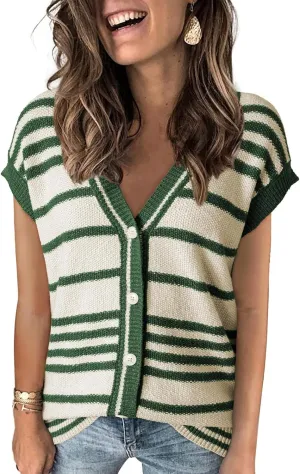 Dokotoo Sweater Vest Women Striped V Neck Button Vest for Women Vest Top Spring Cardigan Sweaters for Women 2025