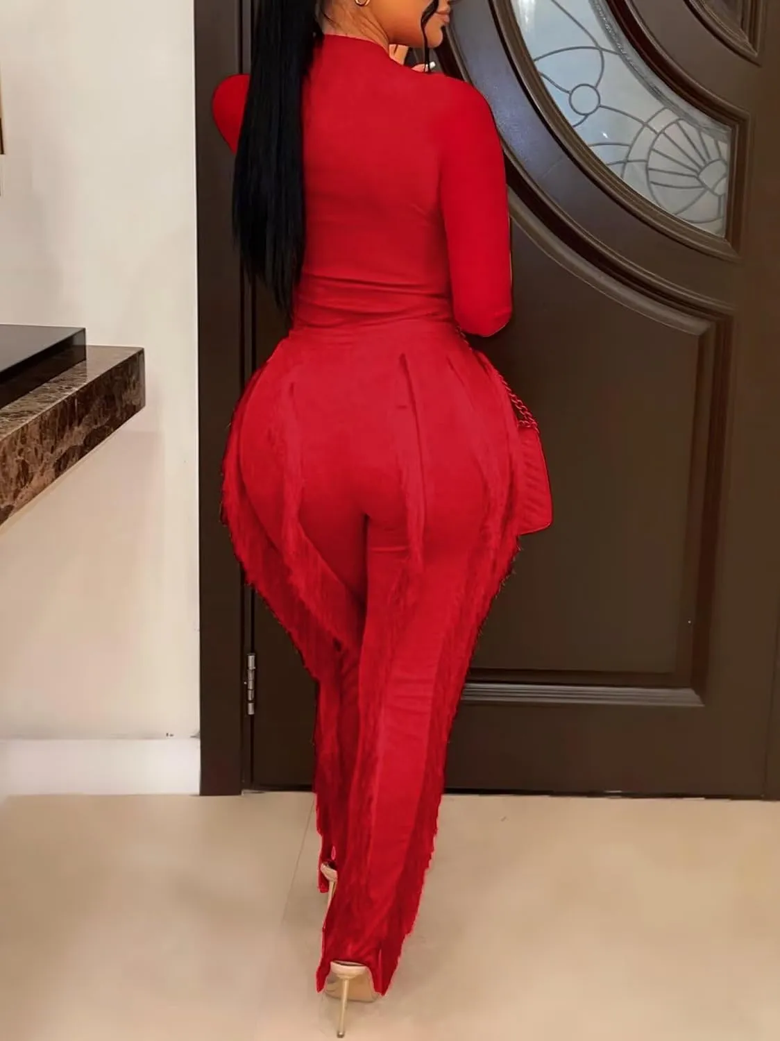 EDITCOZY Women Sexy Two Piece Outfits Fringe Pants Set Long Sleeve Club 2 Piece Going Out Birthday Party Night