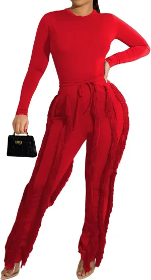 EDITCOZY Women Sexy Two Piece Outfits Fringe Pants Set Long Sleeve Club 2 Piece Going Out Birthday Party Night