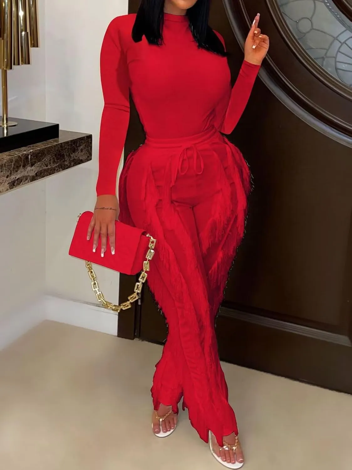 EDITCOZY Women Sexy Two Piece Outfits Fringe Pants Set Long Sleeve Club 2 Piece Going Out Birthday Party Night