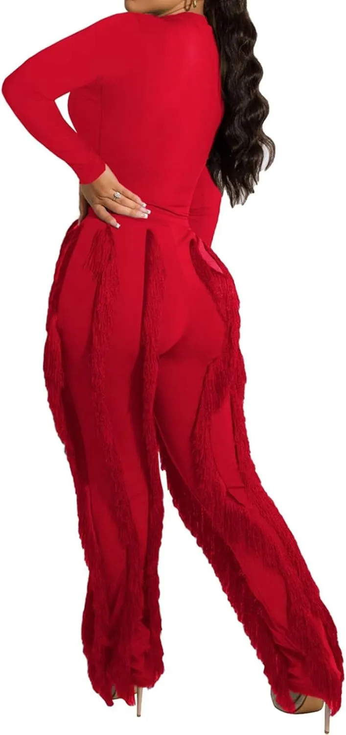 EDITCOZY Women Sexy Two Piece Outfits Fringe Pants Set Long Sleeve Club 2 Piece Going Out Birthday Party Night
