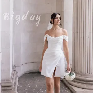 Elegant Short Wedding Dresses Women's White Open Back Off The Shoulder Satin Pleat Side Split Bridal Gown