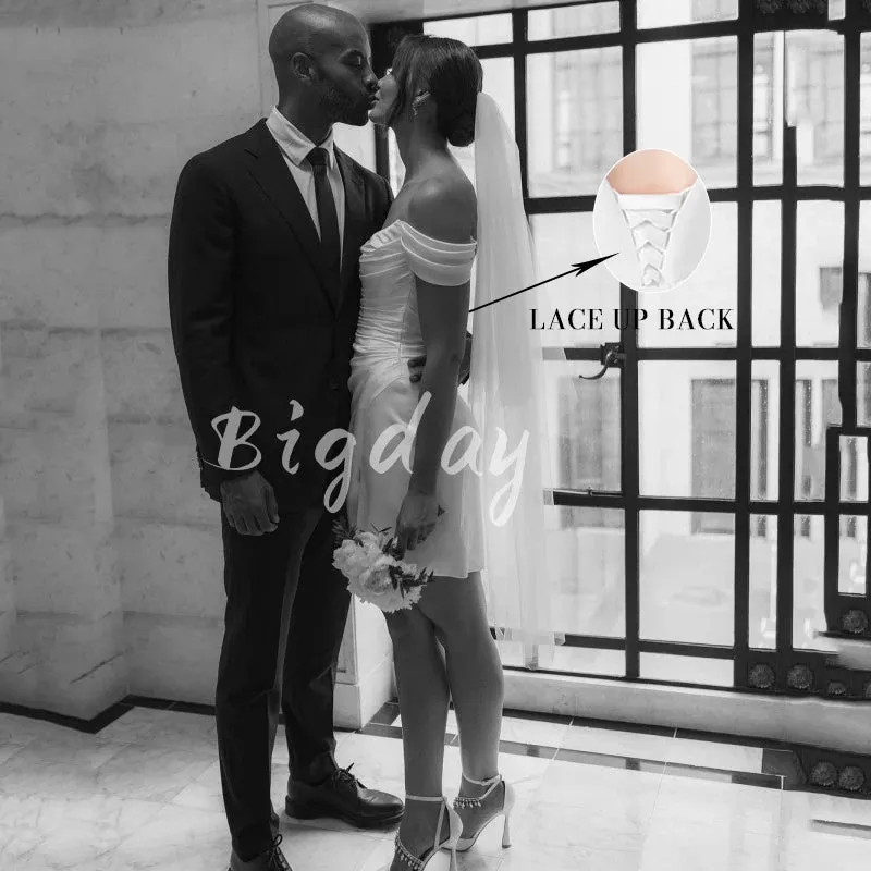 Elegant Short Wedding Dresses Women's White Open Back Off The Shoulder Satin Pleat Side Split Bridal Gown