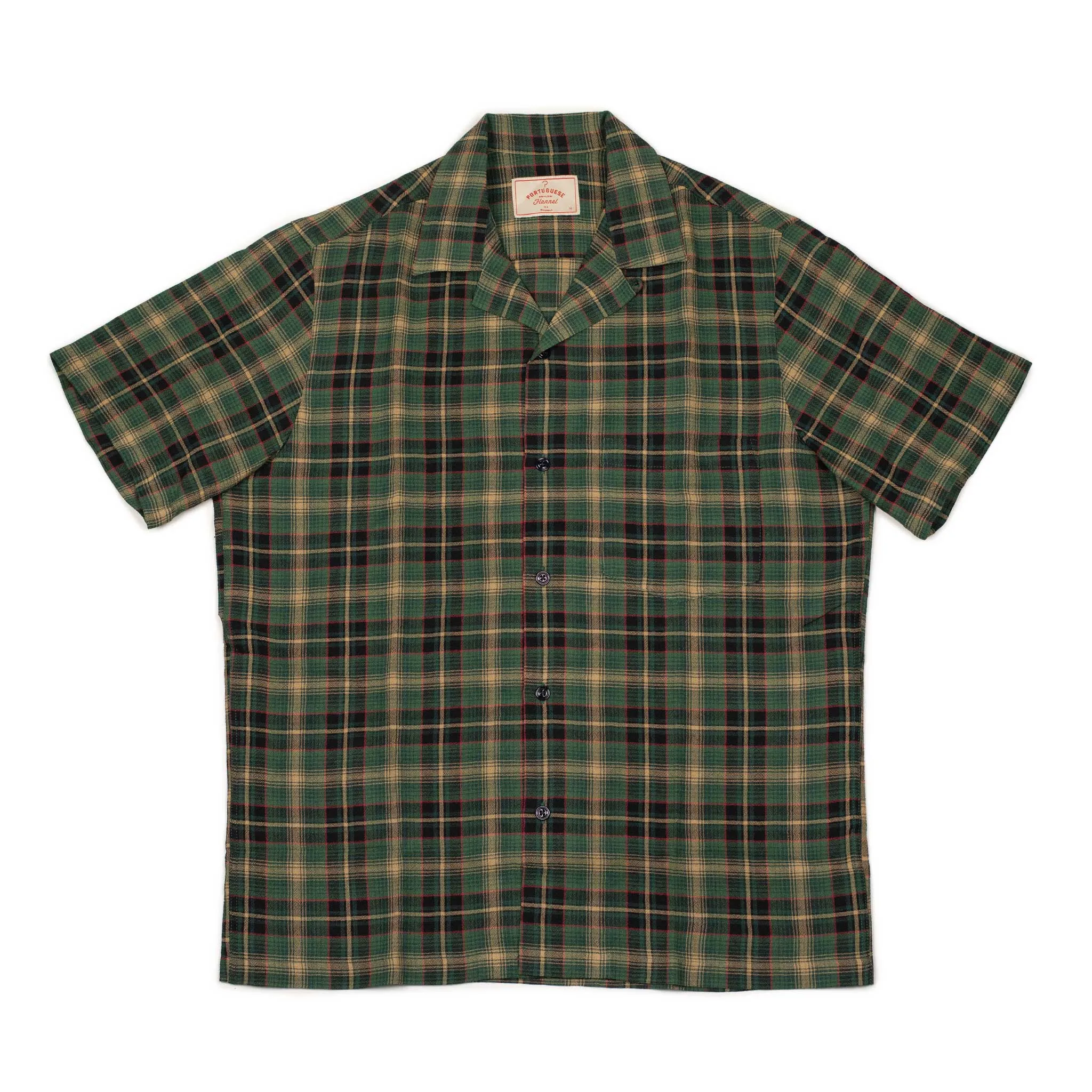 Flan camp collar shirt in green, beige, and red tartan viscose/wool